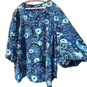 Talbots Womens Blouse Size 3X Top Blue Paisley Print Balloon Sleeve